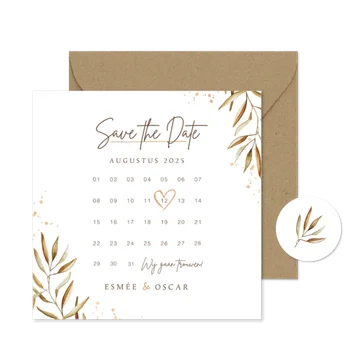 Save the date kalender uitnodigingskaart goud takje